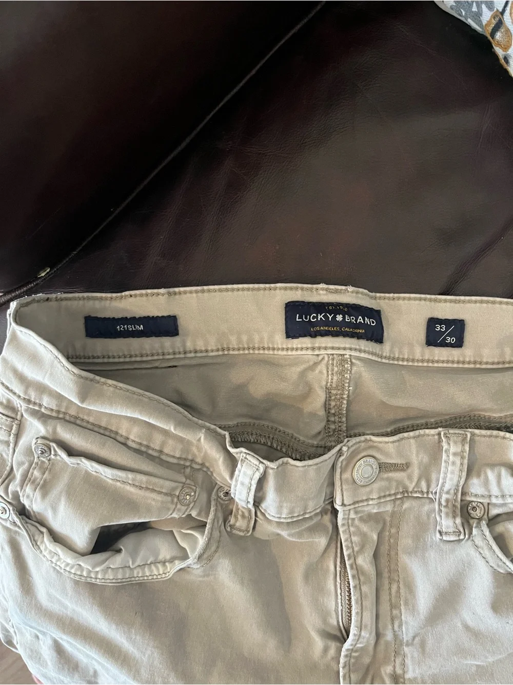 Lucky Brand 121 Slim Khaki Jeans Mens 33x30 Tan Stretch Denim Pants Distressed